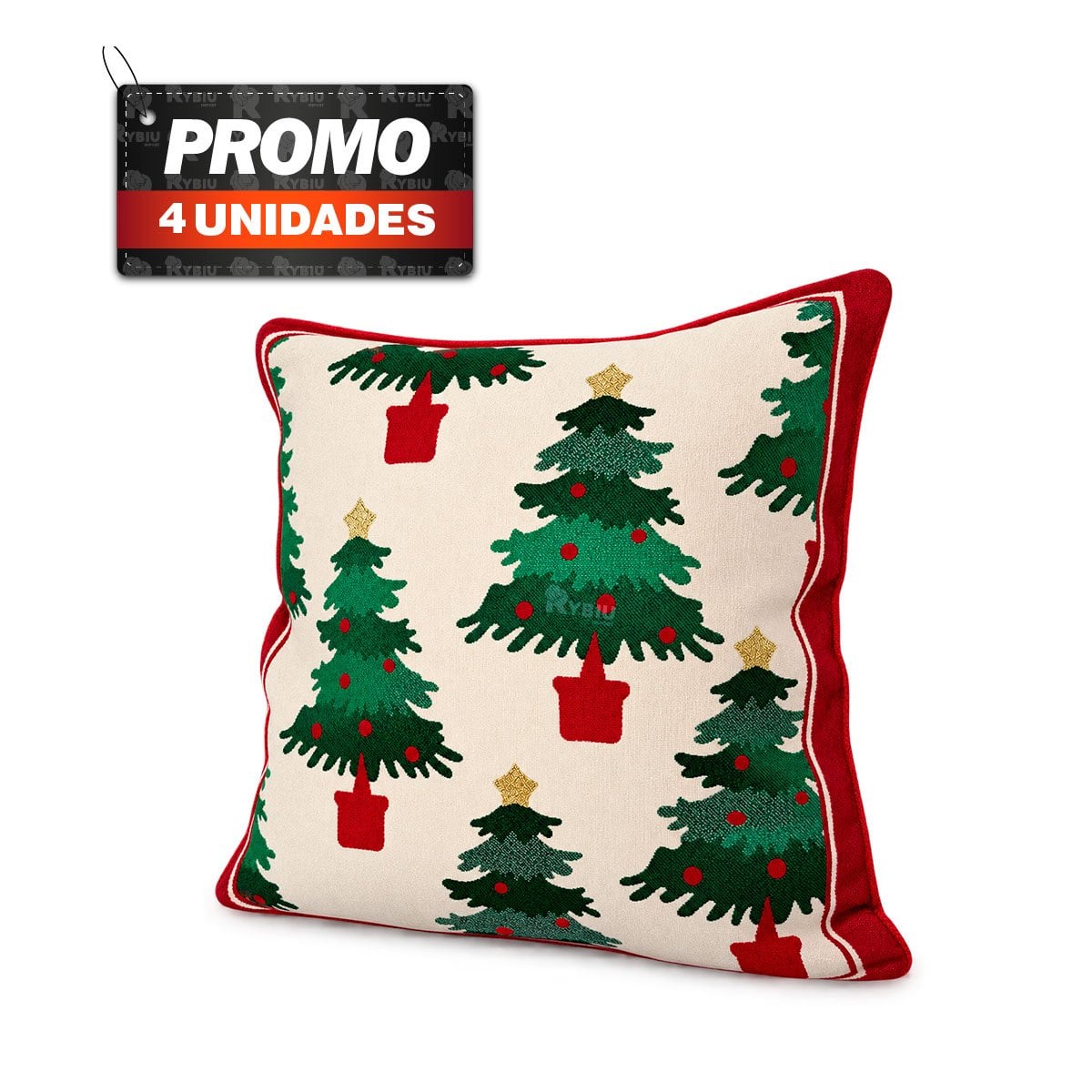 PACK4 COJIN CON ESTAMPA DE PINO NAVIDENO BEIGE YREGALO STICKER - 1