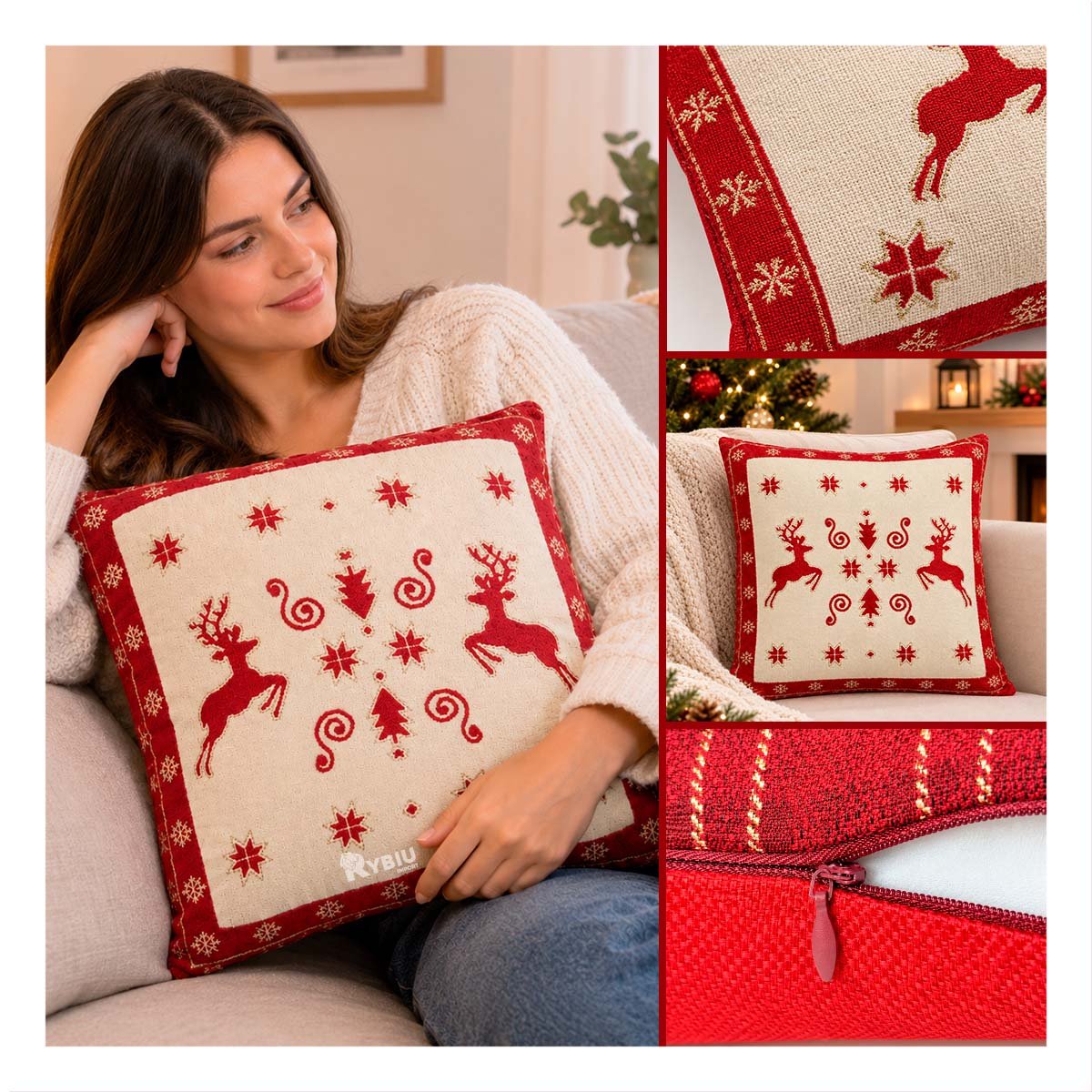 ALMOHADA FESTIVA PARA SALA BEIGE Y LIGAS REGALO - 2