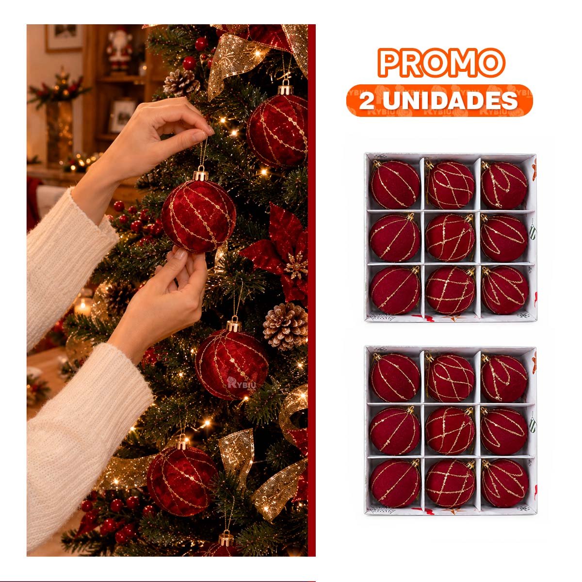 PACK2 SET 9 BOLAS PARA ARBOL NAVIDENO 8CM BORGONA - 1