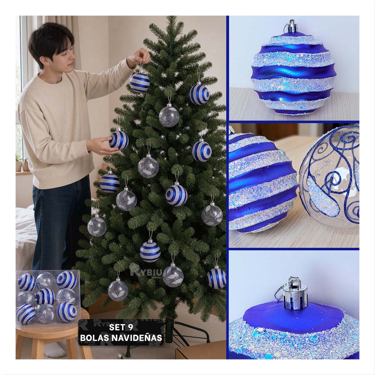 PACK4 ACCESORIOS 9 PARA ARBOL NAVIDENO 10CM AZUL - 4