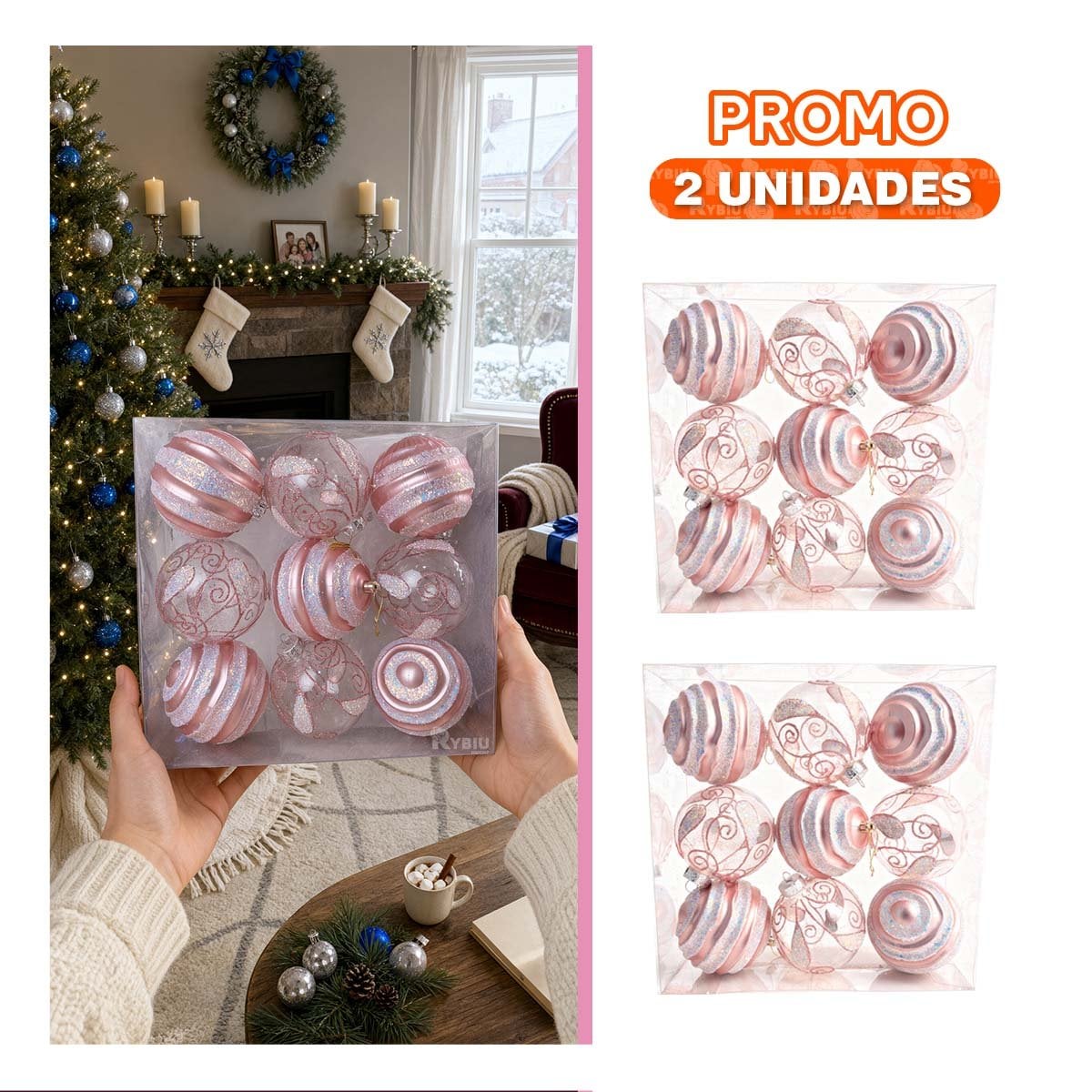 PACK2 SET 9 BOLAS PARA ARBOL NAVIDENO 10CM ROSADO - 1