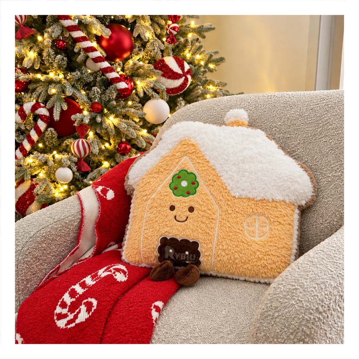 PACK2 COJIN NAVIDENO CON ACABADO DE PELUCHE CRESPO AMARILLO CLARO YPAPEL REGALO - 2