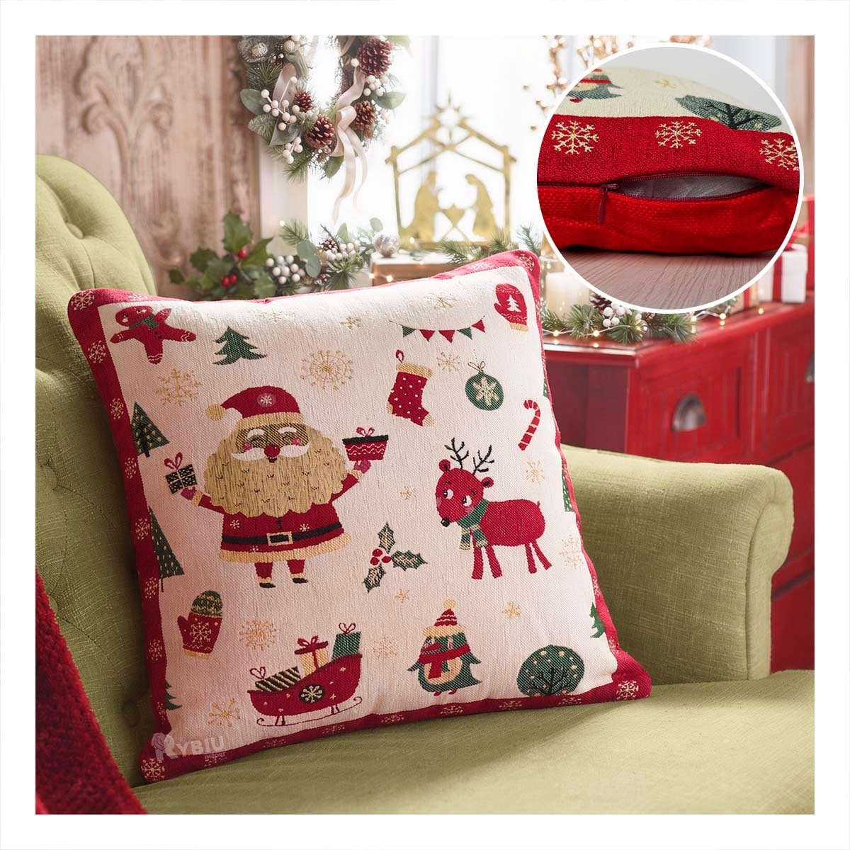 ALMOHADA NAVIDENA PARA SOFA BEIGE Y PAPEL REGALO - 1