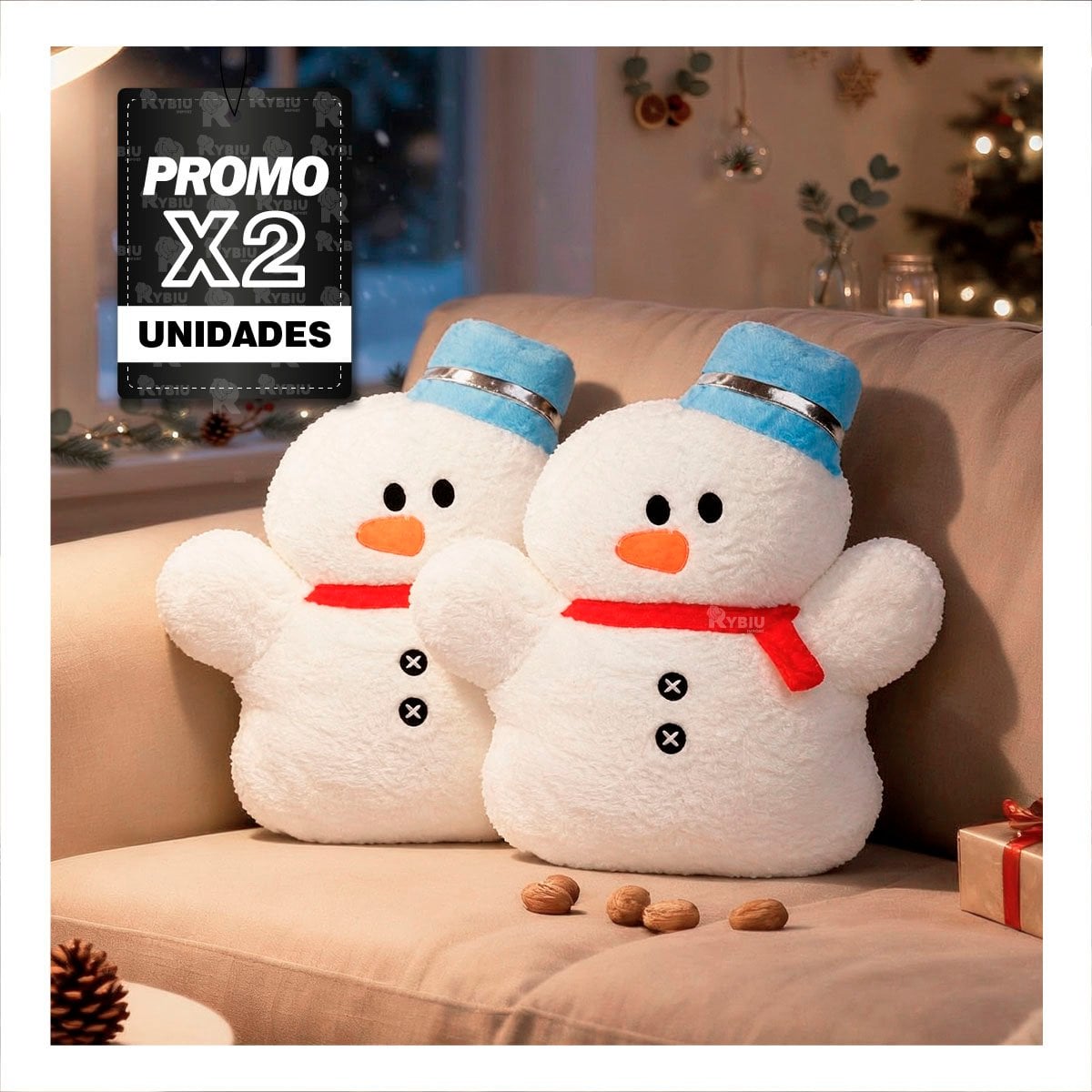 PACK2 COJIN DE SALA CON DISENO NAVIDENO DE MUNECO DE NIEVE BLANCO YREGALO STICKER - 1