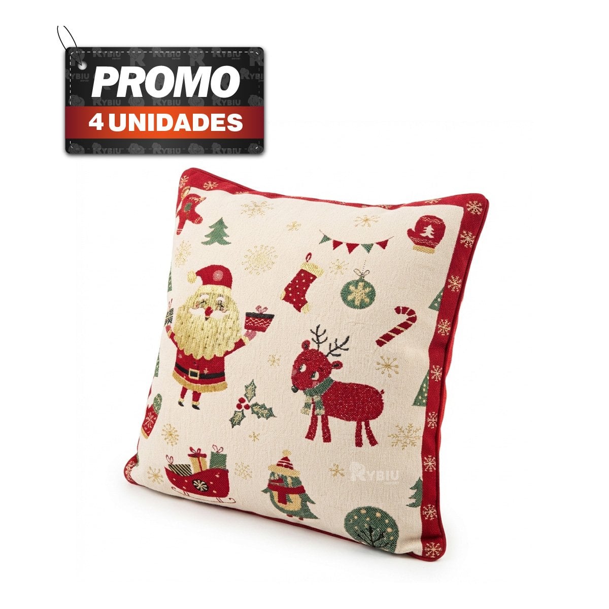 PACK4 COJIN CON ESTAMPA DE PAPA NOEL BEIGE YREGALO STICKER - 1