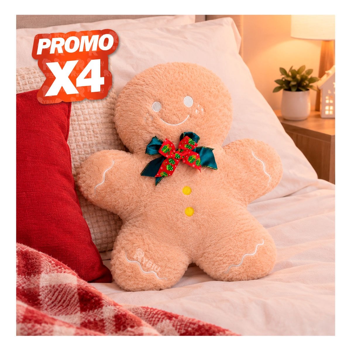 PACK4 COJIN FESTIVO CON TEXTURA DE PELUCHE LISO Y JENGIBRE BEIGE YPAPEL REGALO - 1