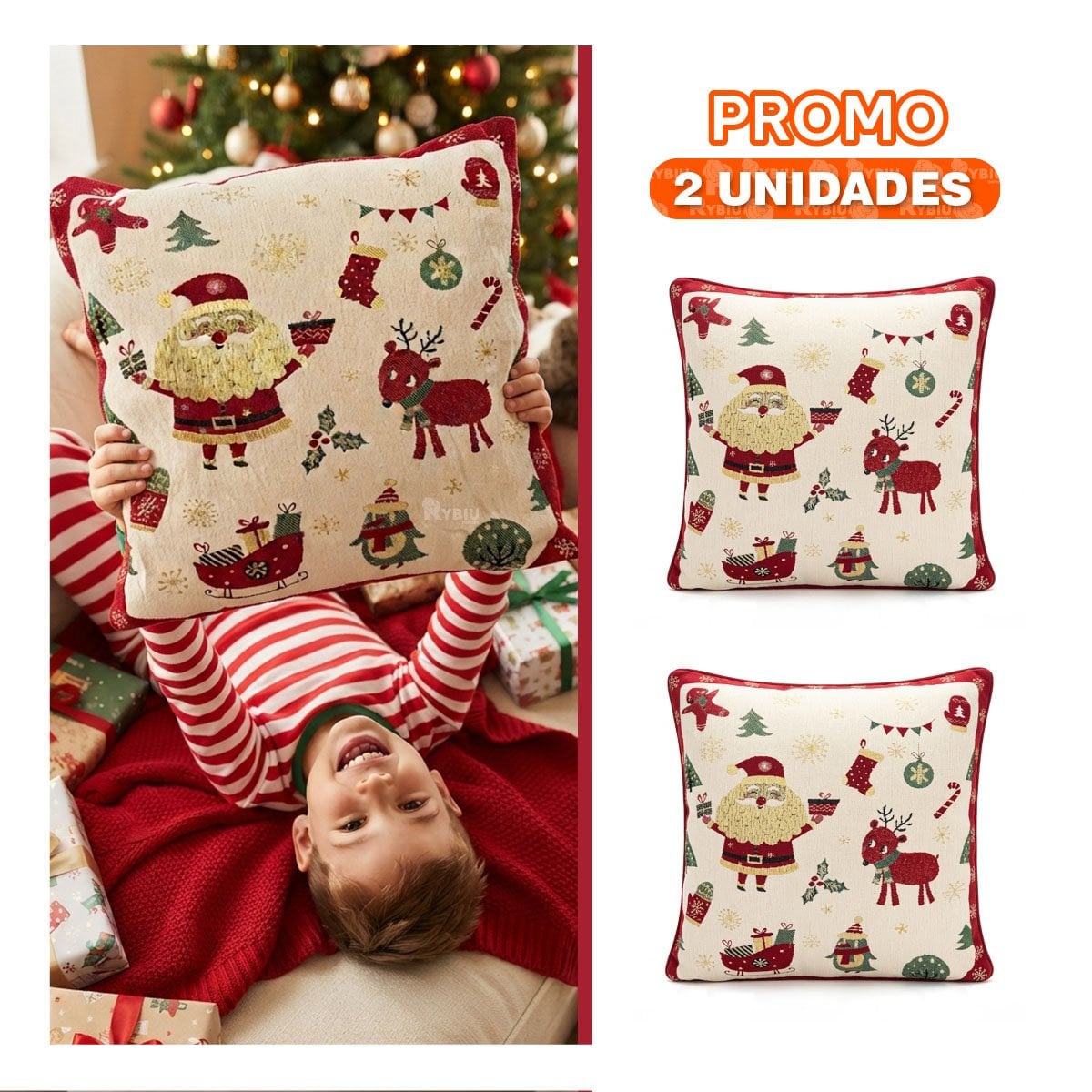 PACK2 COJIN CON DISENO DE SANTA CON REGALOS BEIGE - 1