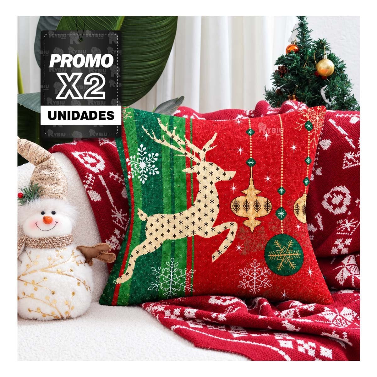 PACK2 FORRO DE COJIN CON RENO NAVIDENO 45X45CM ROJO YREGALO STICKER - 1