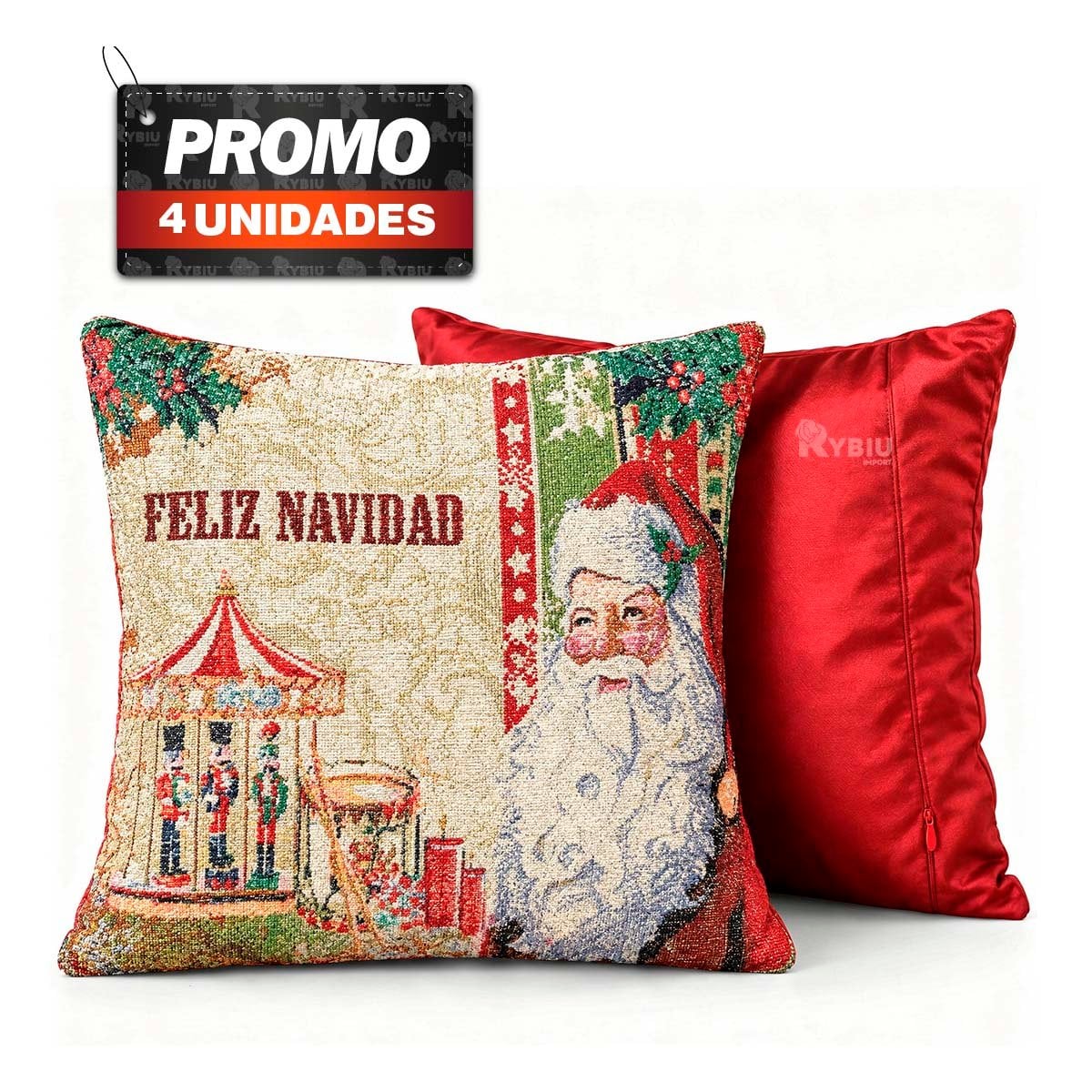 PACK4 FUNDA DE ALMOHADA CON CARTEL NAVIDENO 45X45CM ROJO YREGALO STICKER - 1