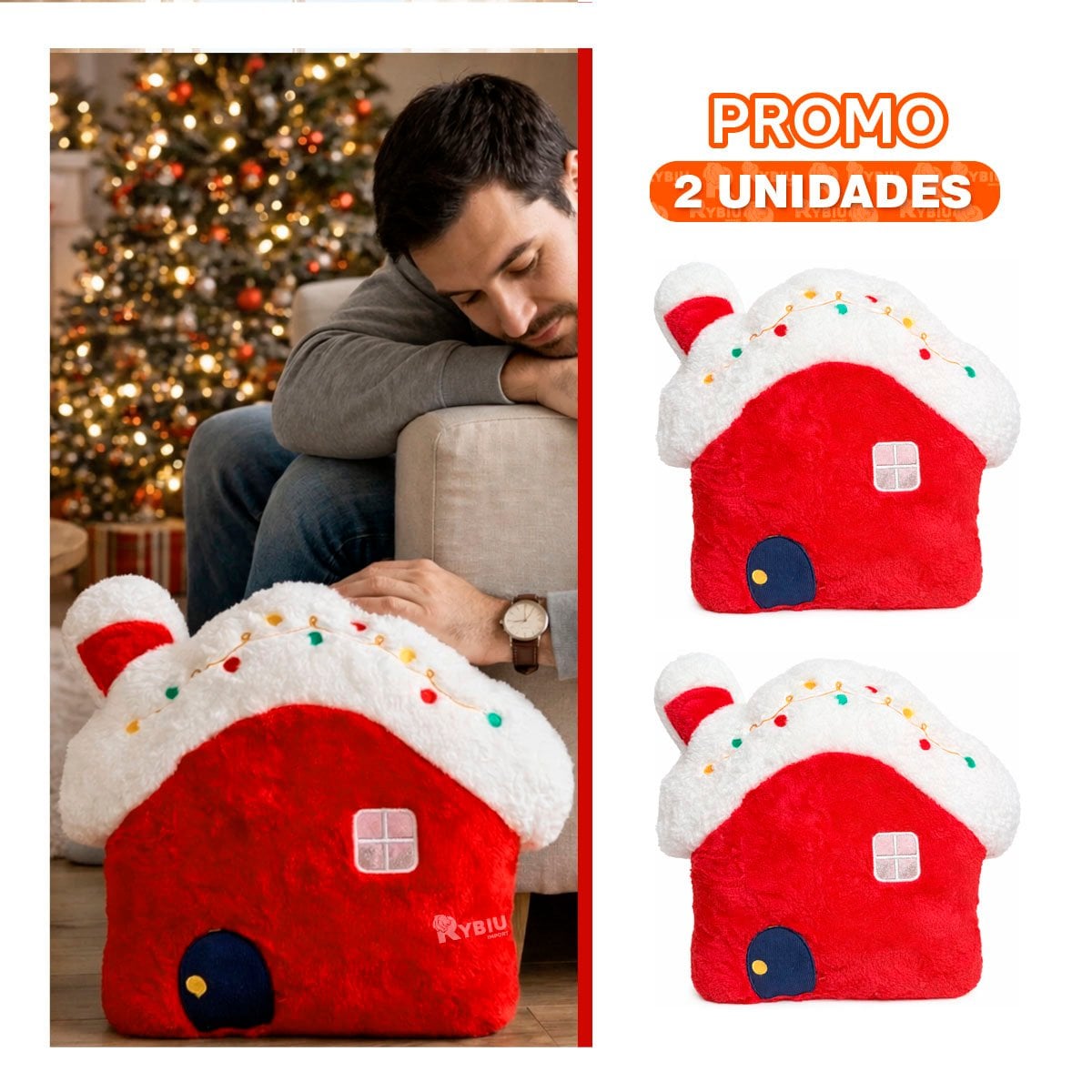 PACK2 ALMOHADON DECORATIVO PARA NAVIDAD CON FORMA DE CASITA ROJA - 1