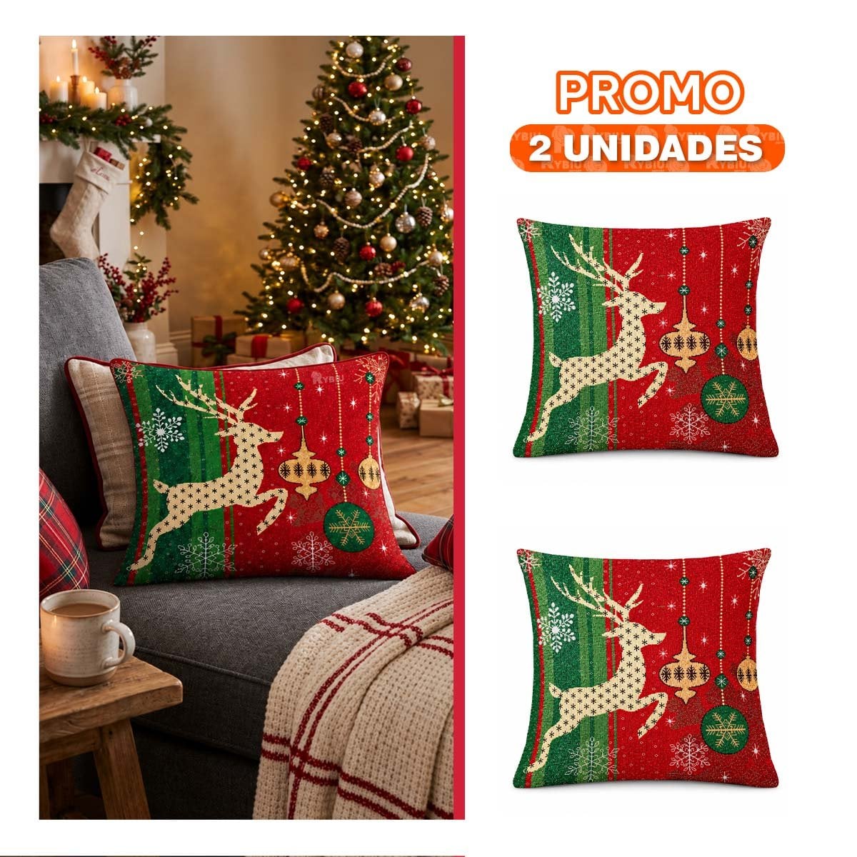 PACK2 FORRO DE COJIN NAVIDENO PARA DECORAR 45X45CM ROJO - 1