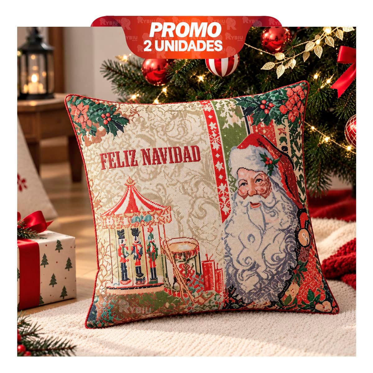 PACK2 FORRO PARA ALMOHADA CON CARTEL NAVIDENO 45X45CM ROJO YPAPEL REGALO - 1