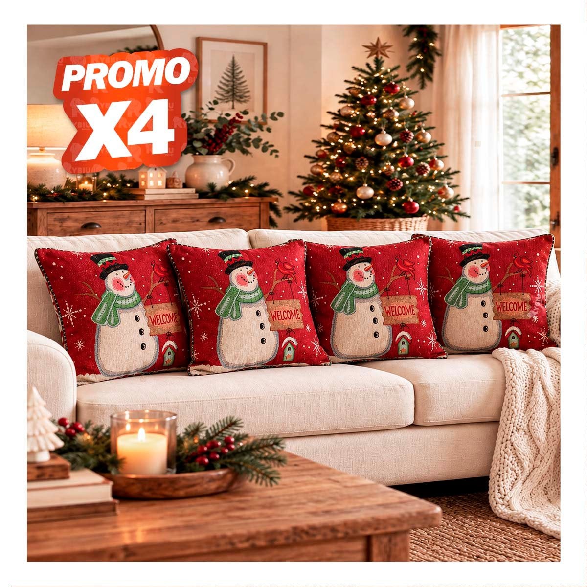 PACK4 FUNDA PARA COJIN CON MUNECO DE NIEVE 45X45CM ROJO YPAPEL REGALO - 1
