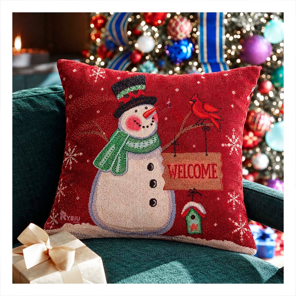 PACK4 FUNDA PARA COJIN CON MUNECO DE NIEVE 45X45CM ROJO YPAPEL REGALO - 2