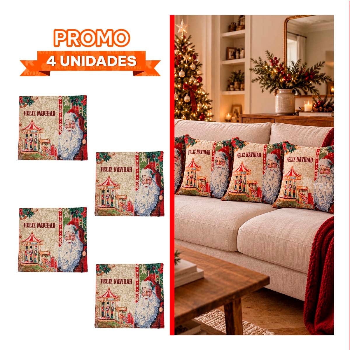 PACK4 FUNDA DE COJIN NAVIDENO PARA DECORAR 45X45CM ROJO - 1