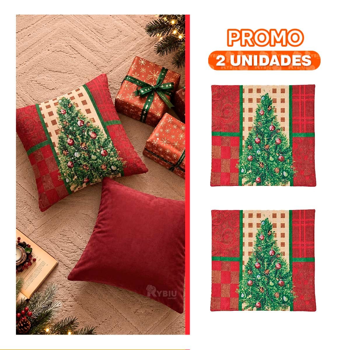 PACK2 FORRO DE COJIN NAVIDENO PARA DECORAR 45X45CM ROJO - 1