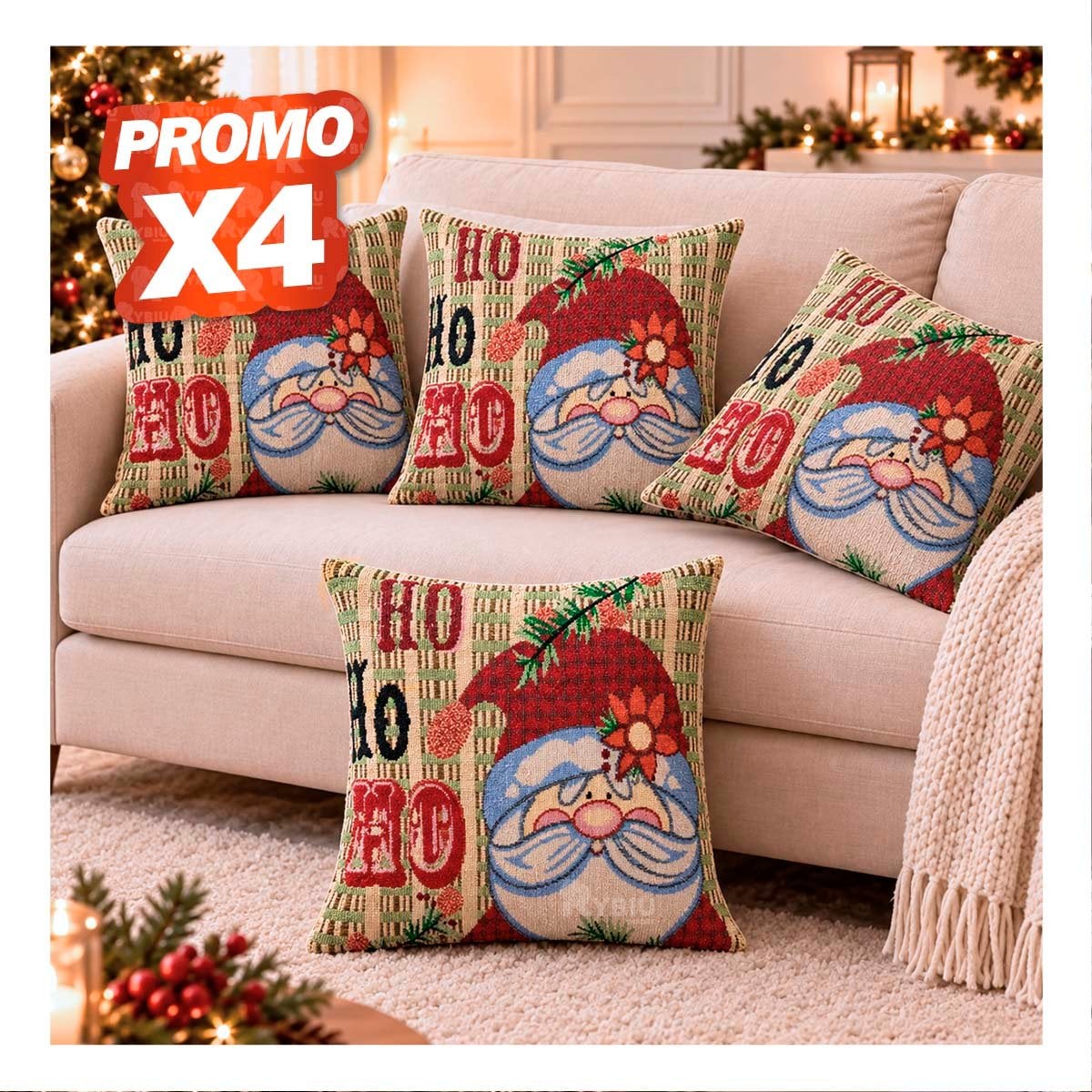 PACK4 FUNDA PARA COJIN CON PAPA NOEL HOHOHO 45X45CM BEIGE YPAPEL REGALO - 1