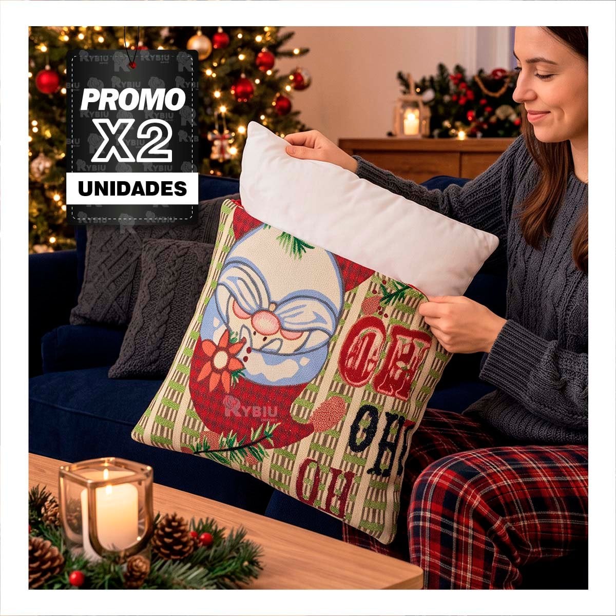 PACK2 FORRO DE COJIN CON PAPA NOEL HOHOHO 45X45CM BEIGE YREGALO STICKER - 1