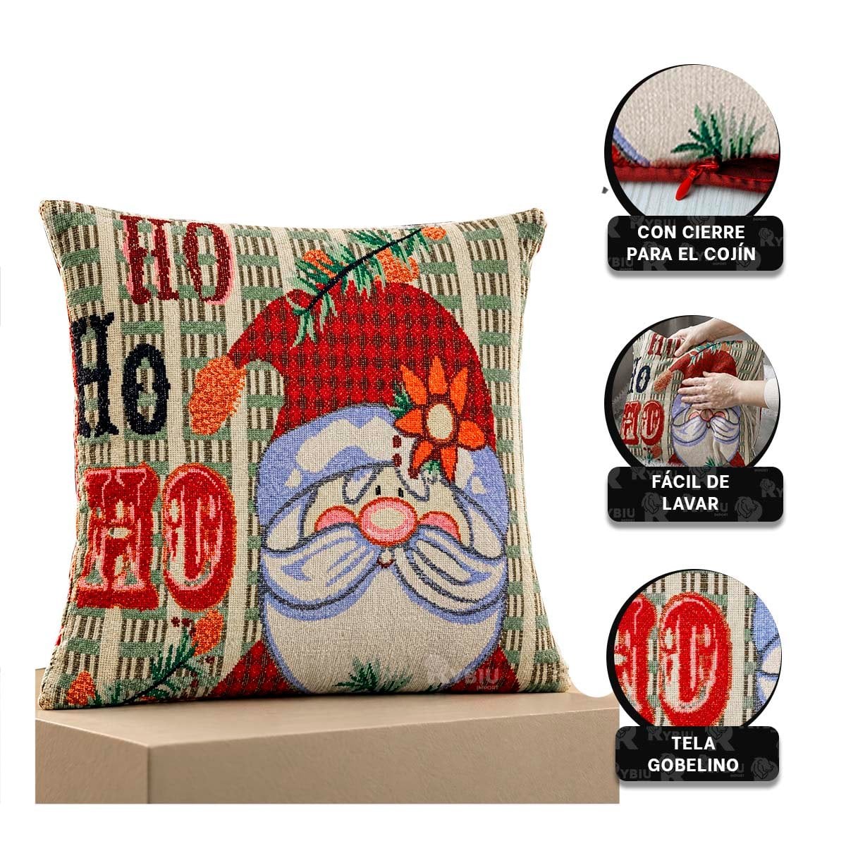 PACK2 FORRO DE COJIN CON PAPA NOEL HOHOHO 45X45CM BEIGE YREGALO STICKER - 4