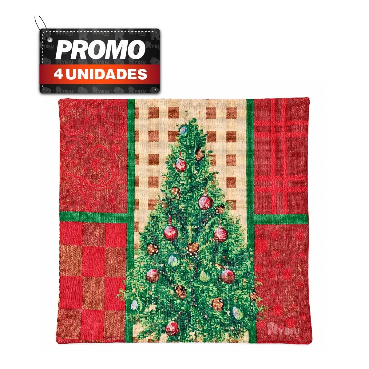 PACK4 FUNDA DE ALMOHADA CON PINO NAVIDENO 45X45CM ROJO YREGALO STICKER - 1