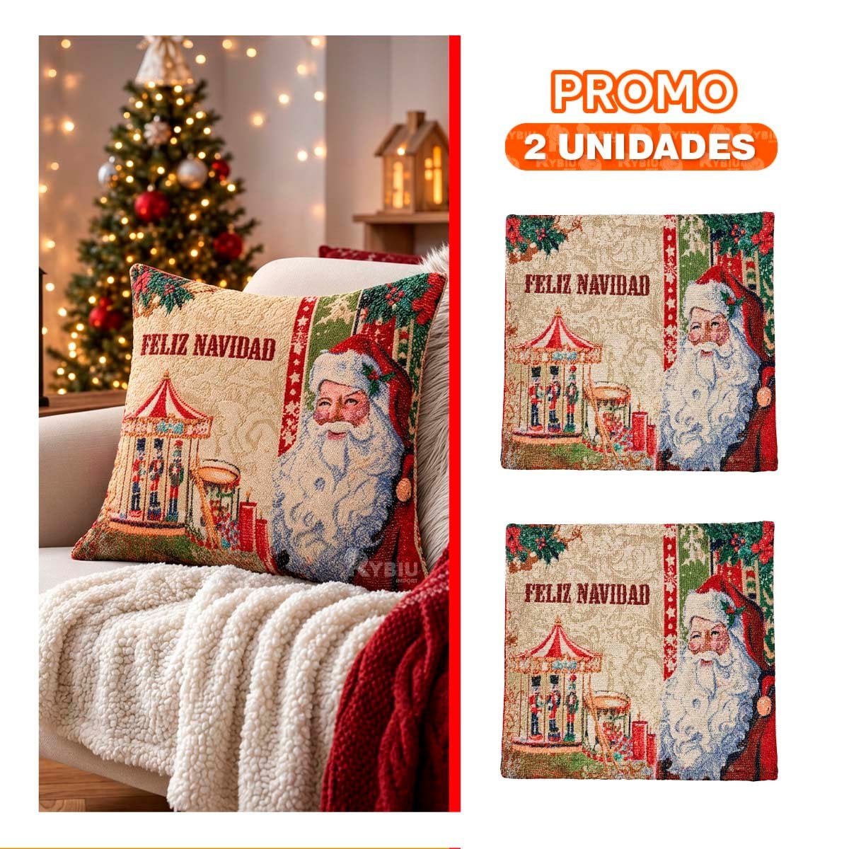 PACK2 FORRO DE COJIN NAVIDENO PARA DECORAR 45X45CM ROJO - 1