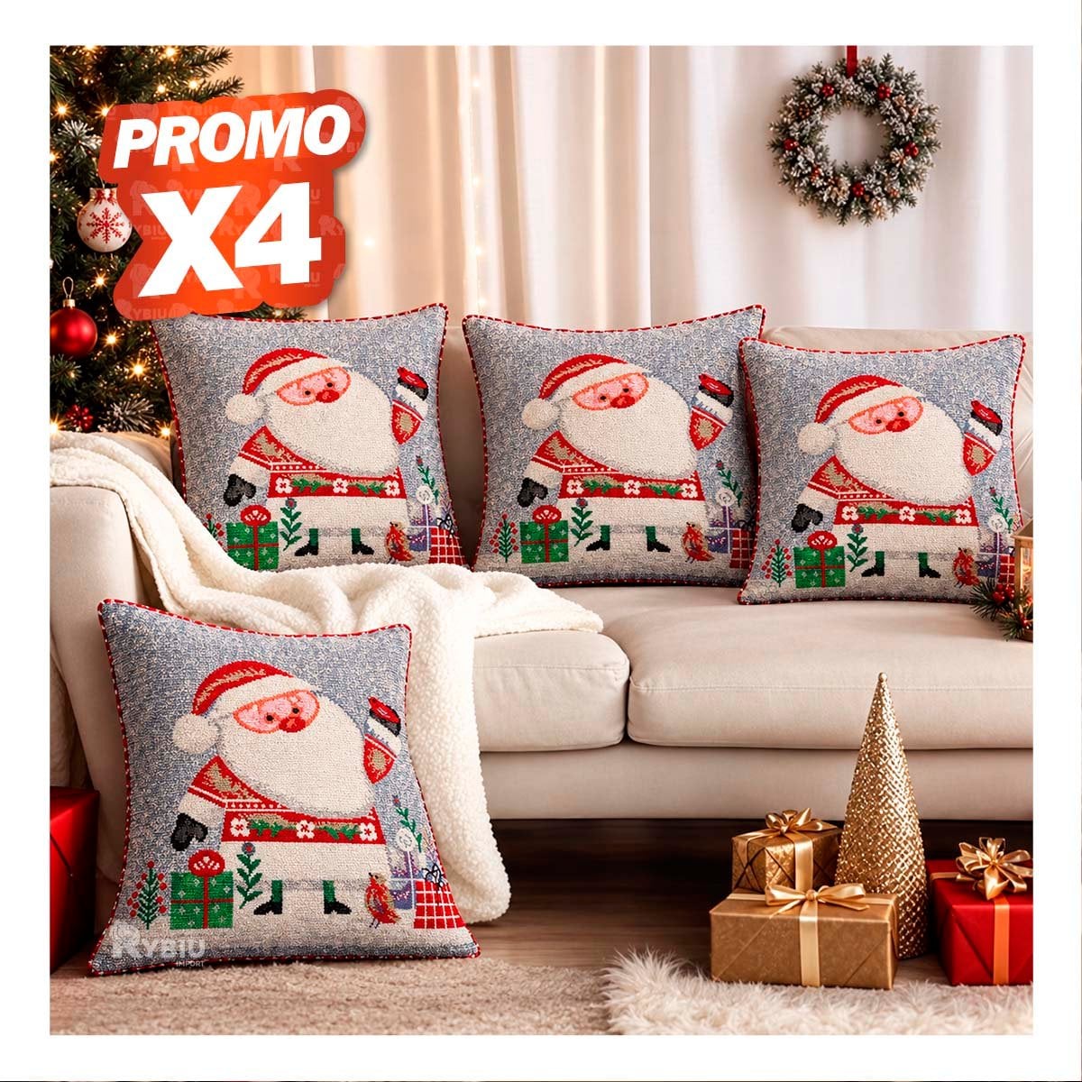 PACK4 FUNDA PARA COJIN CON SANTA CLAUS 45X45CM PLOMO YPAPEL REGALO - 1