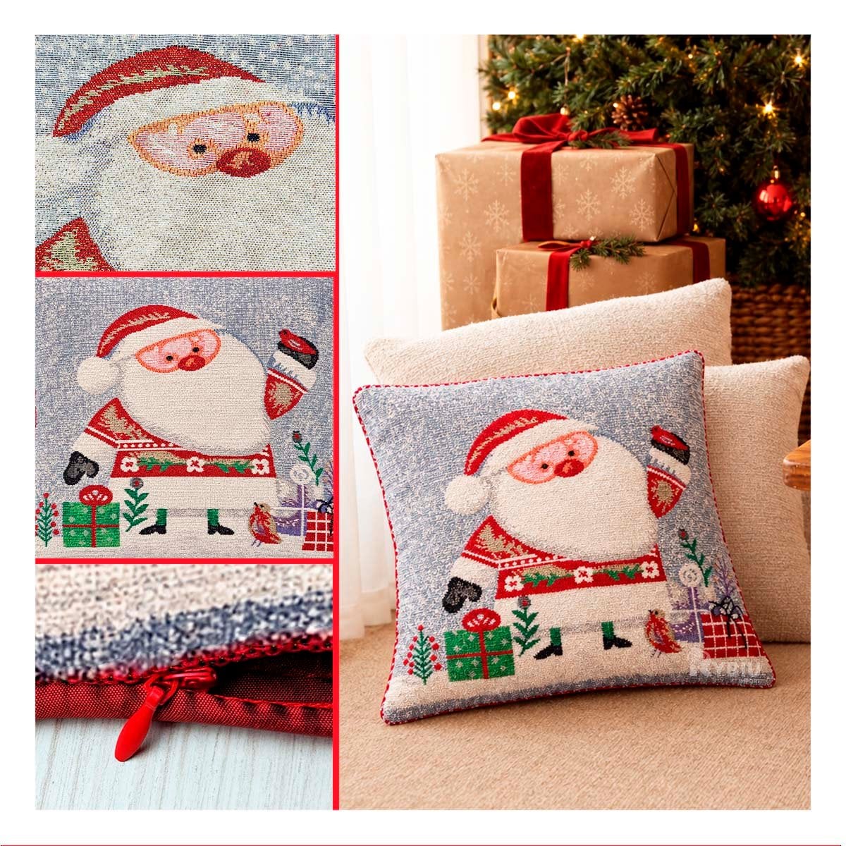 PACK4 FUNDA PARA COJIN CON SANTA CLAUS 45X45CM PLOMO YPAPEL REGALO - 3