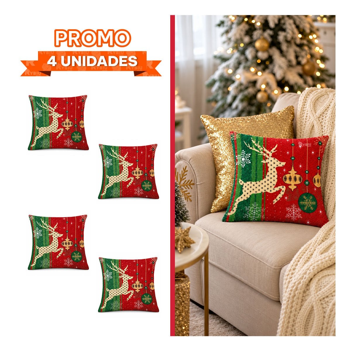PACK4 FUNDA DE COJIN NAVIDENO PARA DECORAR 45X45CM ROJO - 1