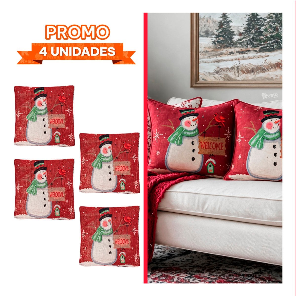 PACK4 FUNDA DE COJIN NAVIDENO PARA DECORAR 45X45CM ROJO - 1