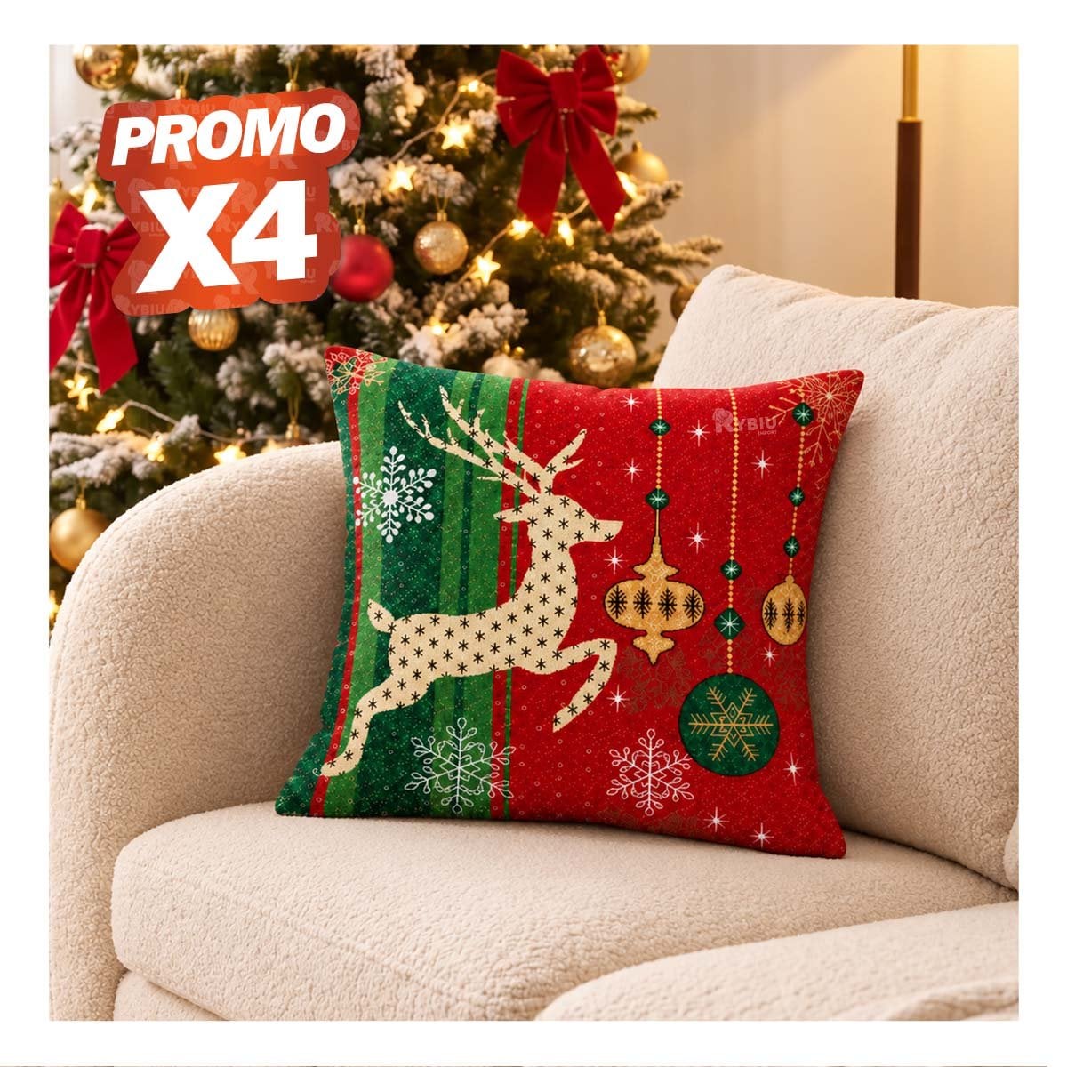 PACK4 FUNDA PARA COJIN CON RENO NAVIDENO 45X45CM ROJO YPAPEL REGALO - 1