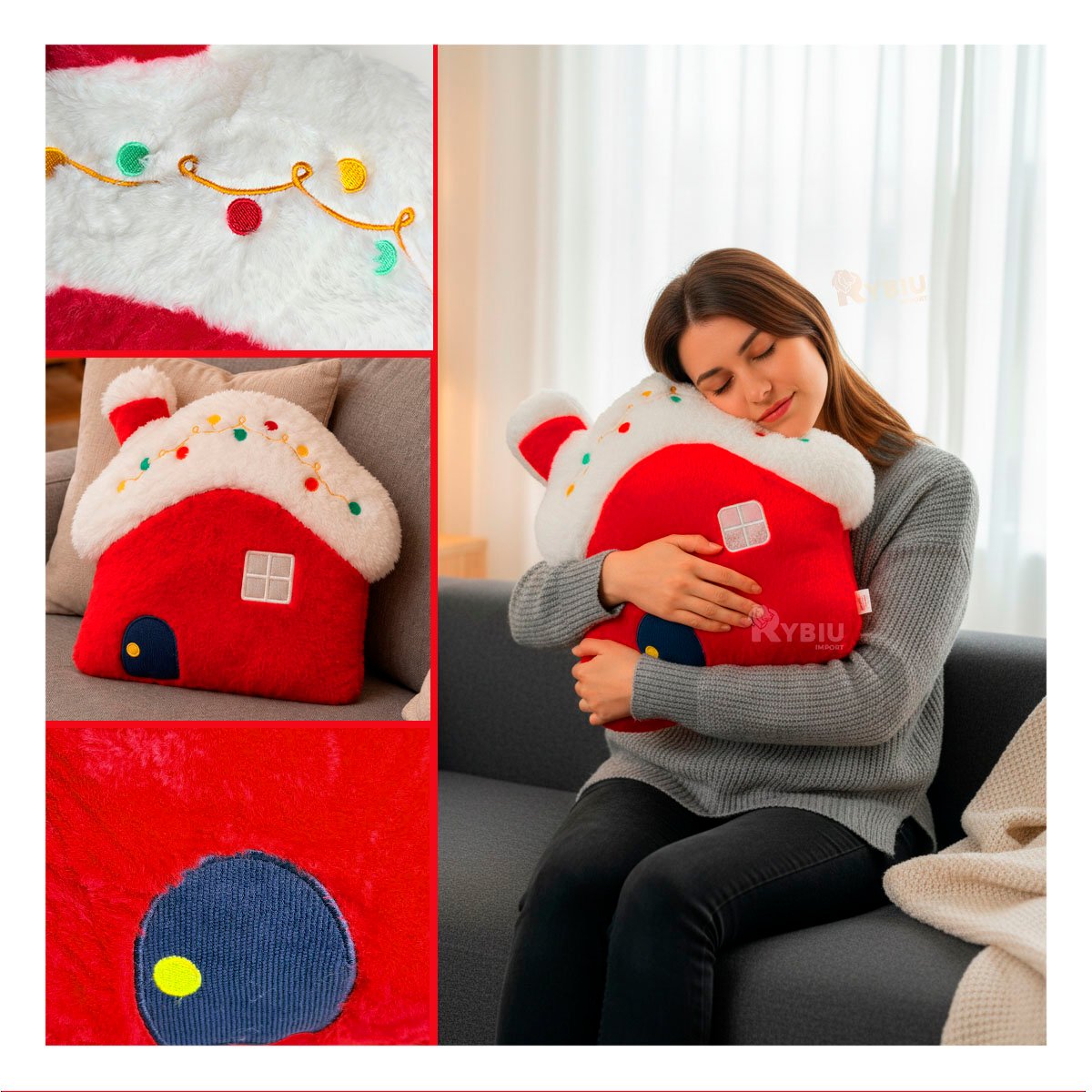 ALMOHADILLA DE PELUCHE LISO CON FORMA DE CASITA ROJA Y STICKY - 3