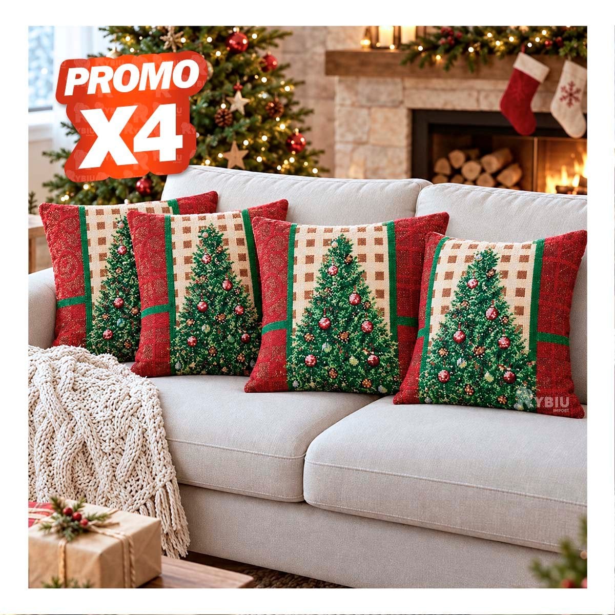 PACK4 FUNDA PARA COJIN CON PINO NAVIDENO 45X45CM ROJO YPAPEL REGALO - 1