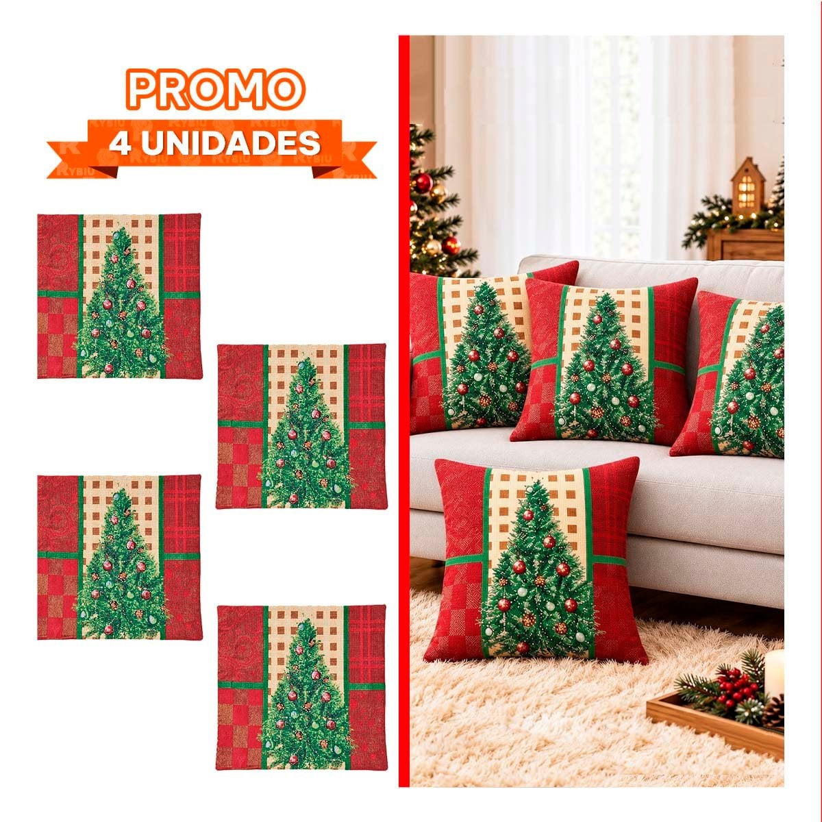 PACK4 FUNDA DE COJIN NAVIDENO PARA DECORAR 45X45CM ROJO - 1