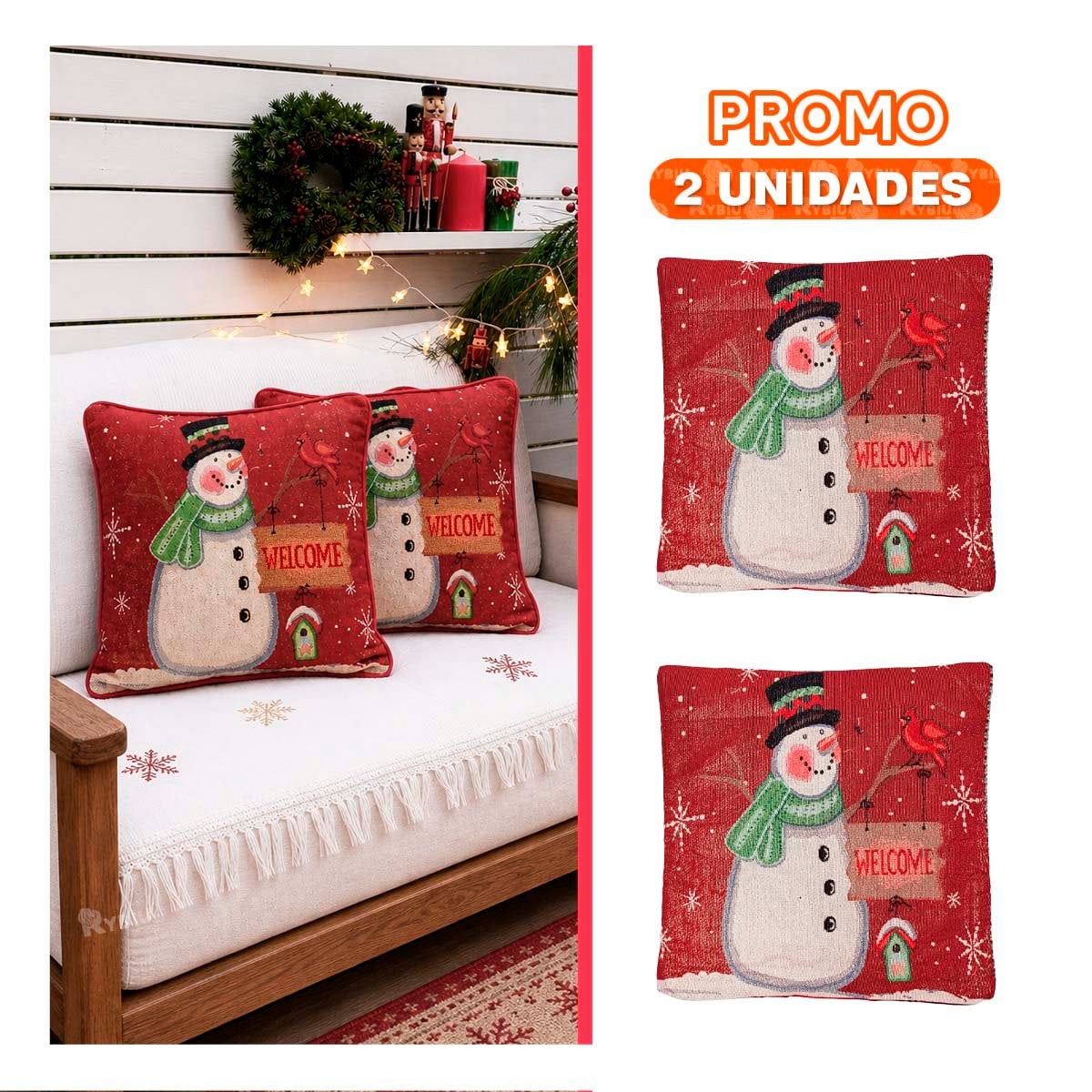 PACK2 FORRO DE COJIN NAVIDENO PARA DECORAR 45X45CM ROJO - 1