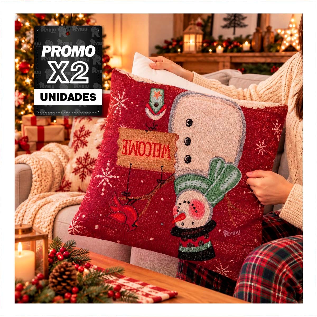 PACK2 FORRO DE COJIN CON MUÑECO DE NIEVE 45X45CM ROJO YREGALO STICKER - 1