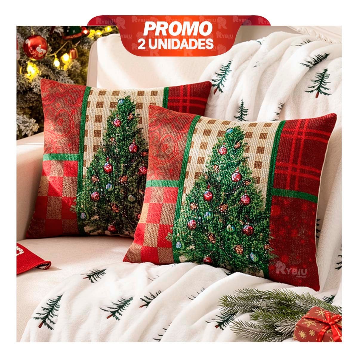 PACK2 FORRO PARA ALMOHADA CON PINO NAVIDENO 45X45CM ROJO YPAPEL REGALO - 1