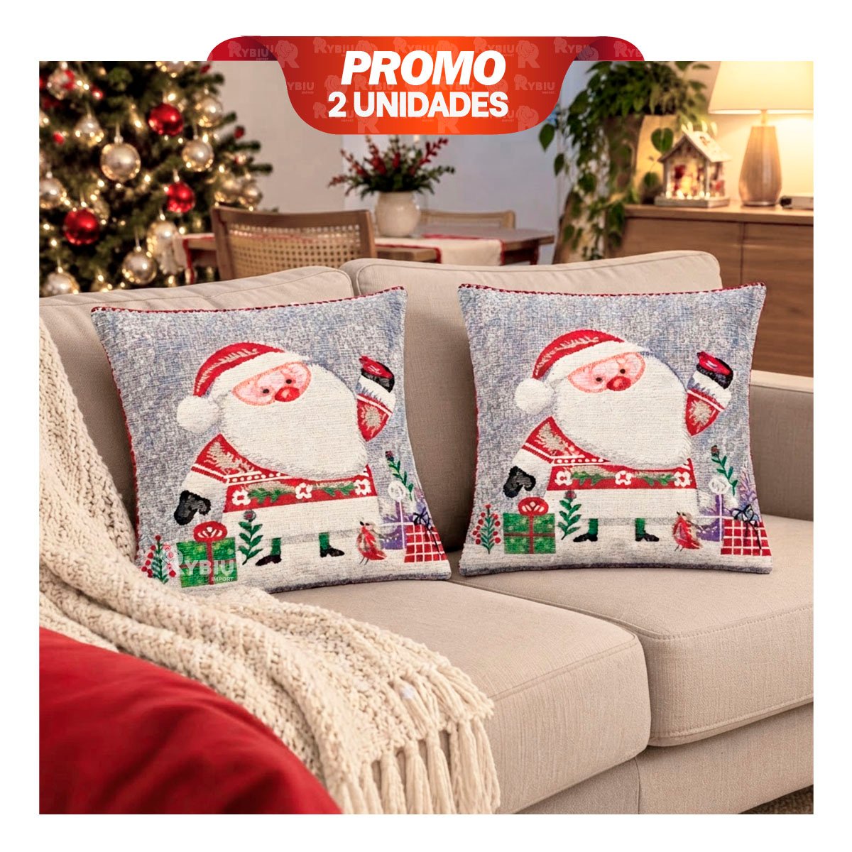 PACK2 FORRO PARA ALMOHADA CON SANTA CLAUS 45X45CM PLOMO YPAPEL REGALO - 1