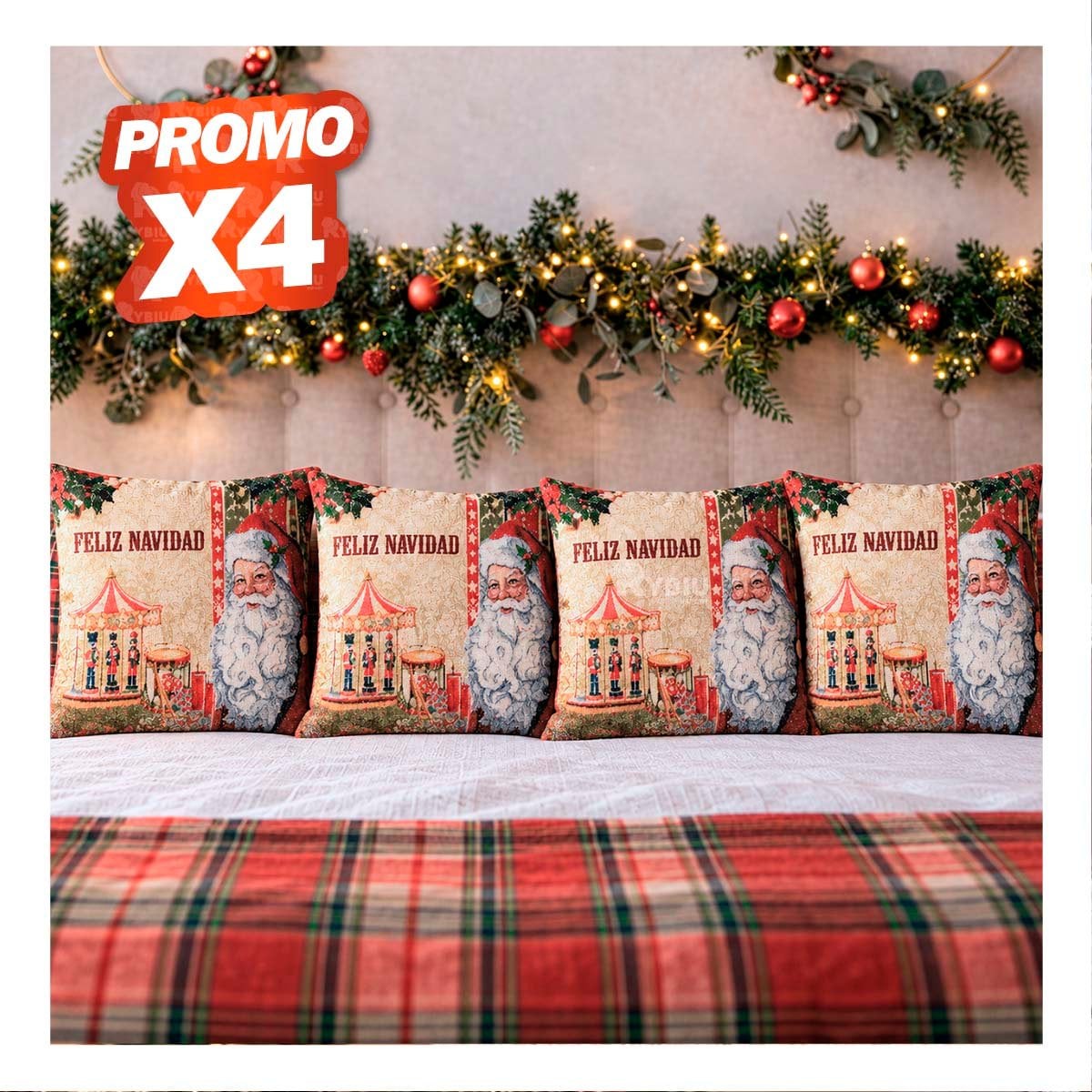 PACK4 FUNDA PARA COJIN CON PAPA NOEL Y CARRUSEL 45X45CM ROJO YPAPEL REGALO - 1