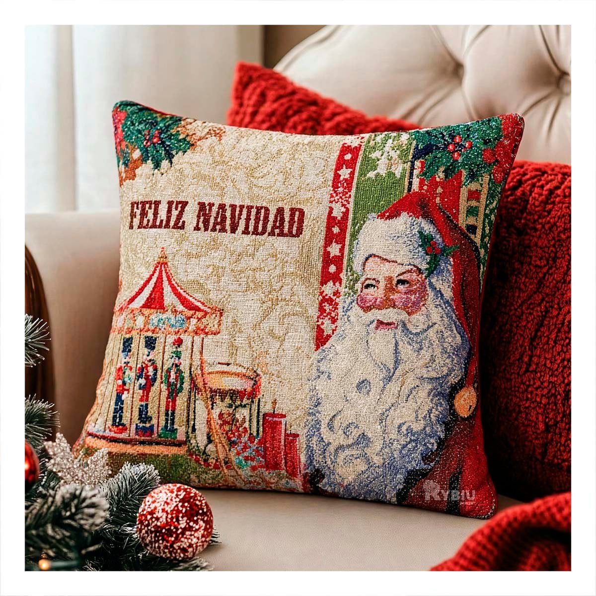 PACK4 FUNDA PARA COJIN CON PAPA NOEL Y CARRUSEL 45X45CM ROJO YPAPEL REGALO - 2