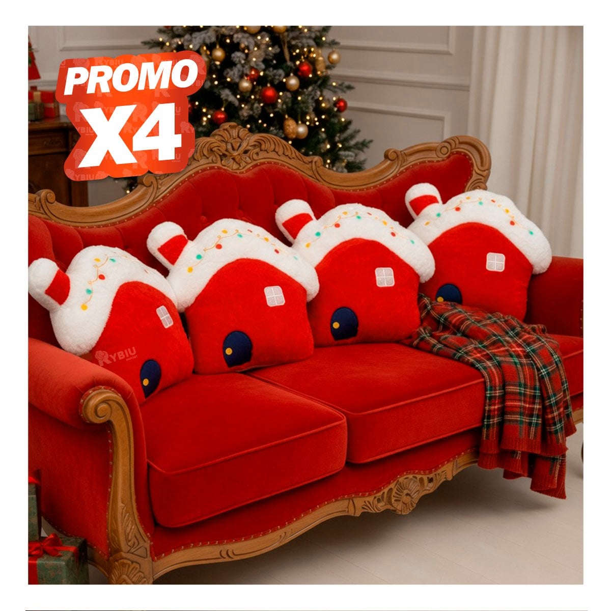 PACK4 ALMOHADON DE PELUCHE CON DISENO DE CASITA NAVIDENA ROJO YPAPEL REGALO - 1