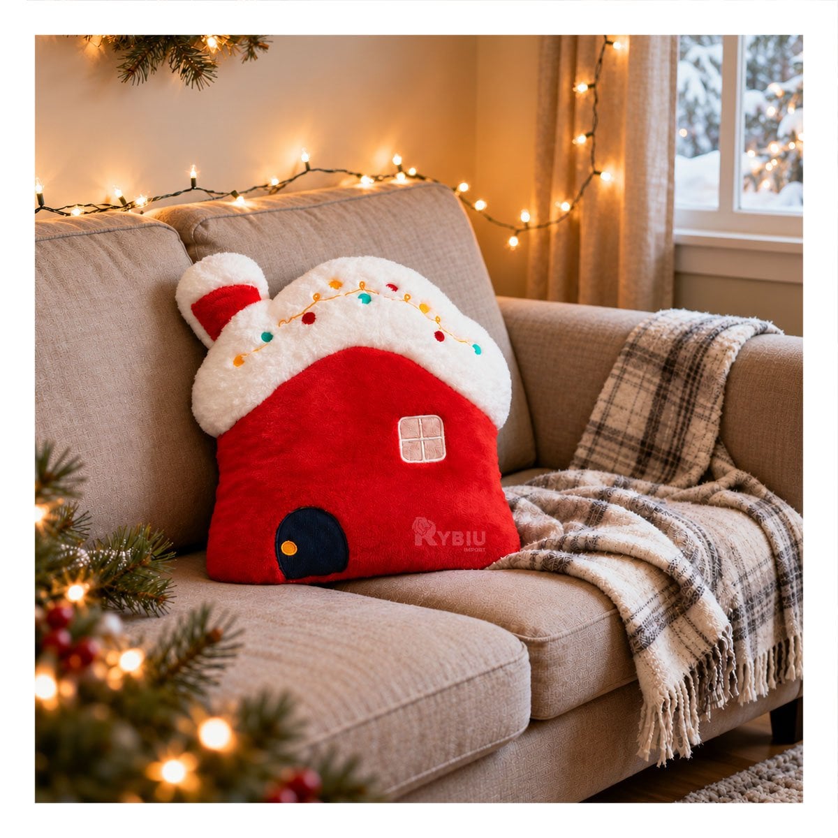 PACK4 ALMOHADON DE PELUCHE CON DISENO DE CASITA NAVIDENA ROJO YPAPEL REGALO - 2