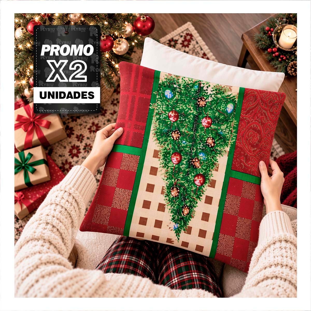 PACK2 FORRO DE COJIN CON PINO NAVIDENO 45X45CM ROJO YREGALO STICKER - 1