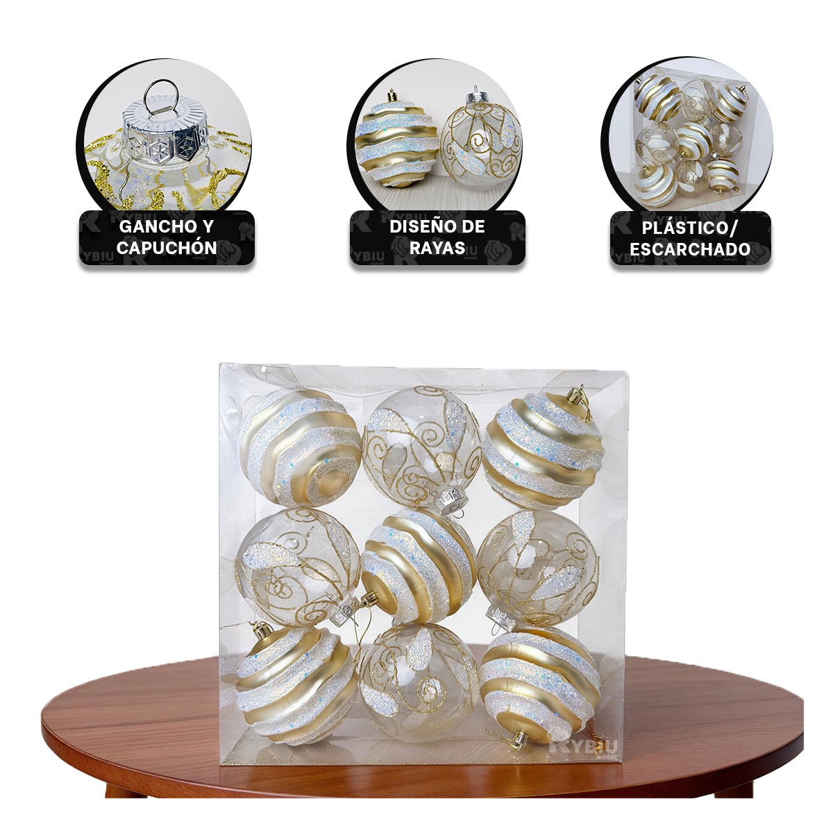 ESFERAS 9 TRANSPARENTES PARA ARBOL 10CM DORADO Y REGALO STICKER - 4