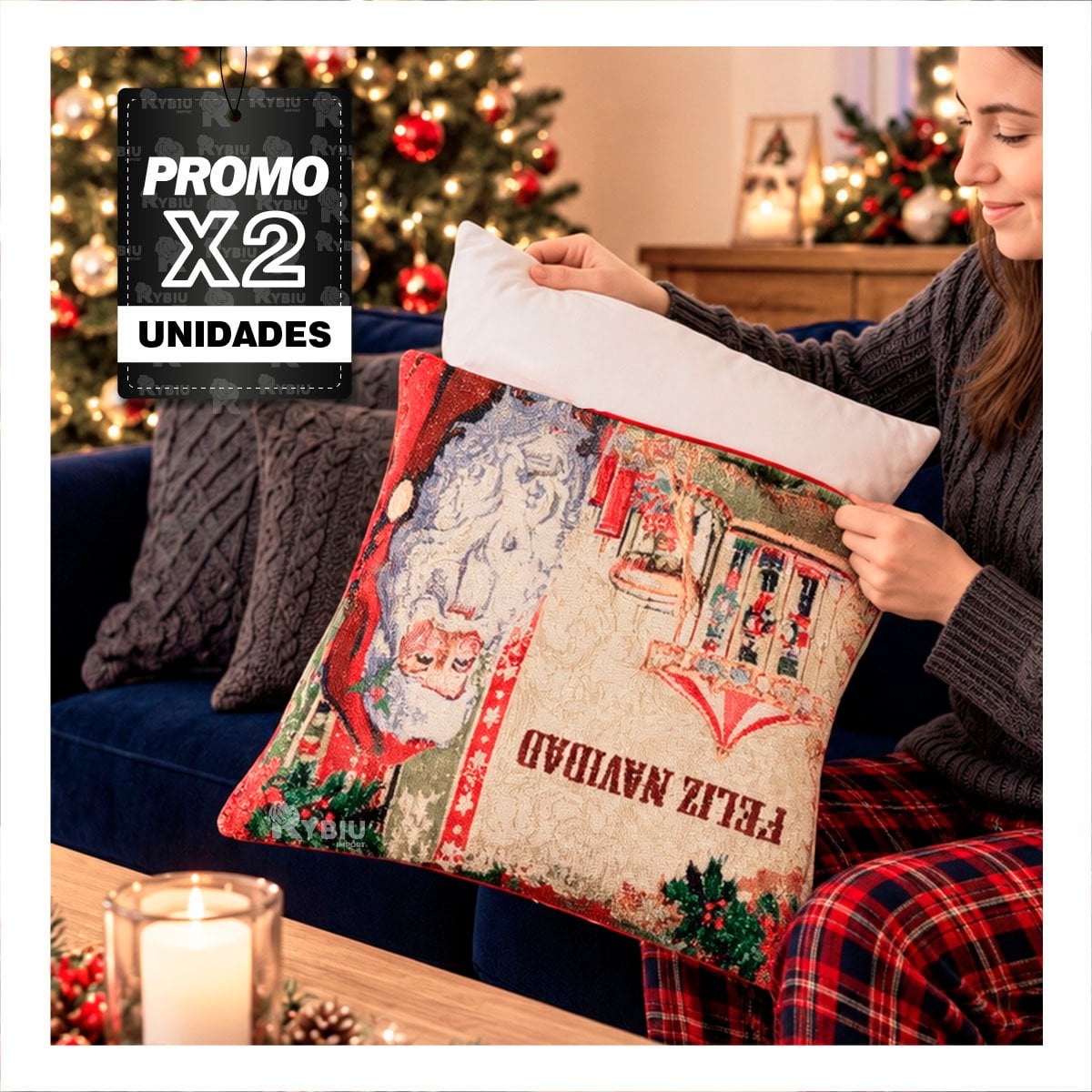 PACK2 FORRO DE COJIN CON PAPA NOEL Y CARRUSEL 45X45CM ROJO YREGALO STICKER - 1