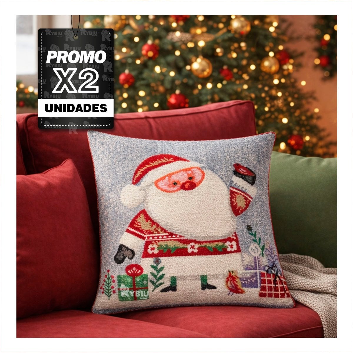 PACK2 FORRO DE COJIN CON SANTA CLAUS 45X45CM PLOMO YREGALO STICKER - 1