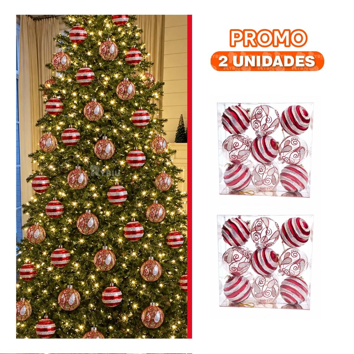 PACK2 SET 9 BOLAS PARA ARBOL NAVIDENO 10CM ROJO - 1
