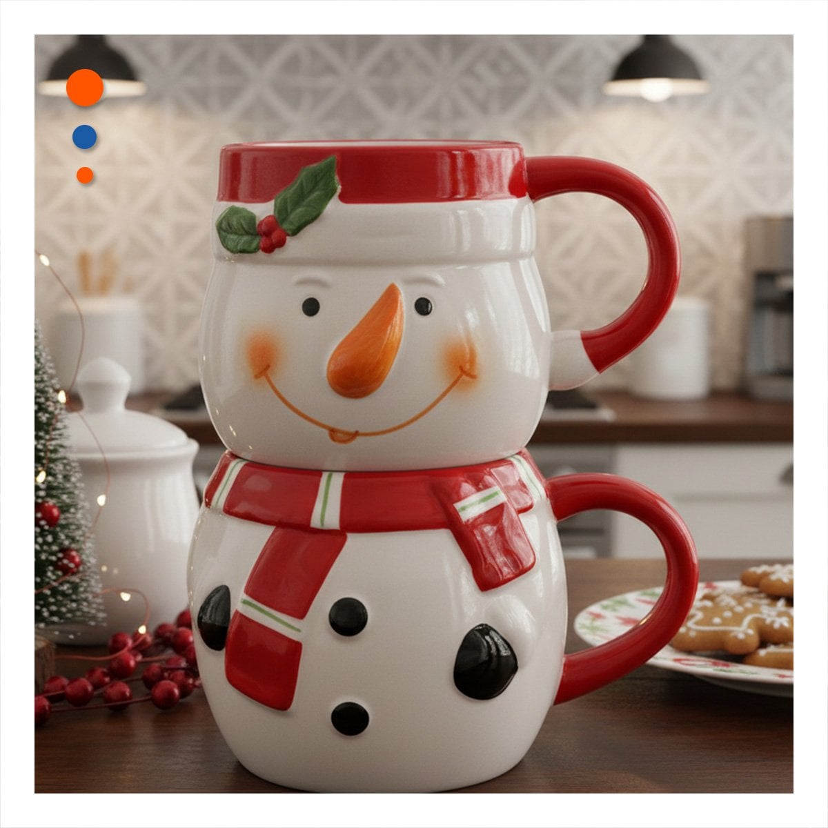 SET DE 2 TAZAS ENCAJABLES MUNECO DE NIEVE BLANCO SOBRE MESA DE DESAYUNO FAMILIAR - 1