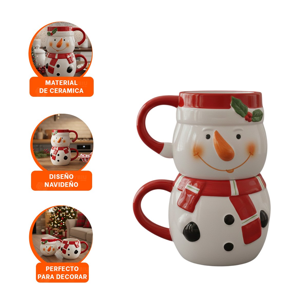SET DE 2 TAZAS ENCAJABLES MUNECO DE NIEVE BLANCO SOBRE MESA DE DESAYUNO FAMILIAR - 3