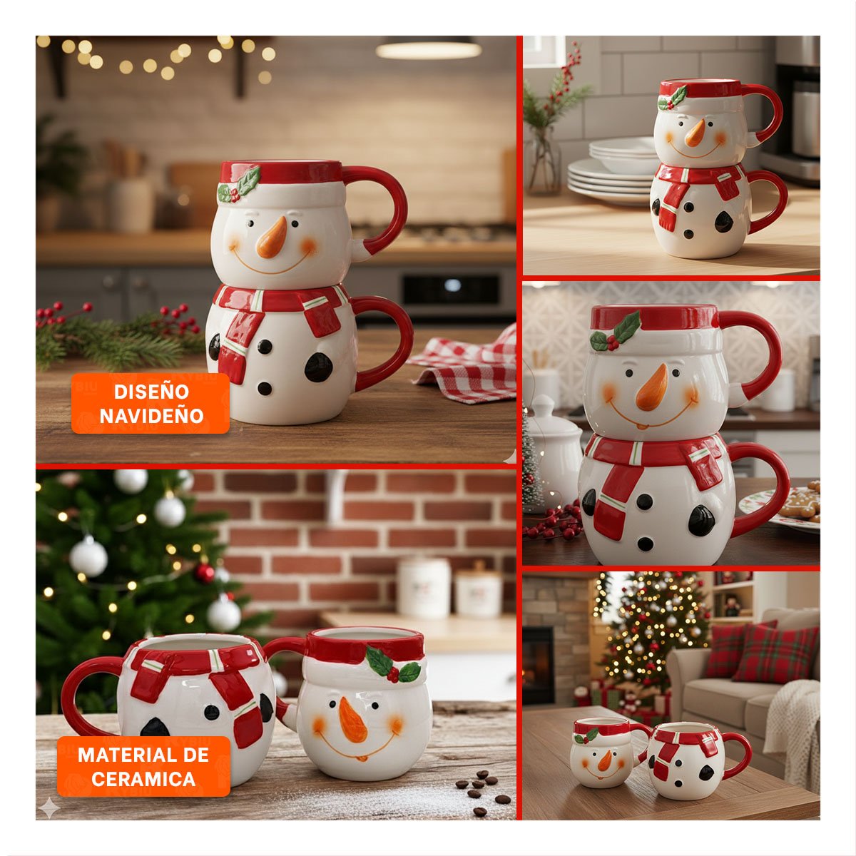 SET DE 2 TAZAS ENCAJABLES MUNECO DE NIEVE BLANCO SOBRE MESA DE DESAYUNO FAMILIAR - 5