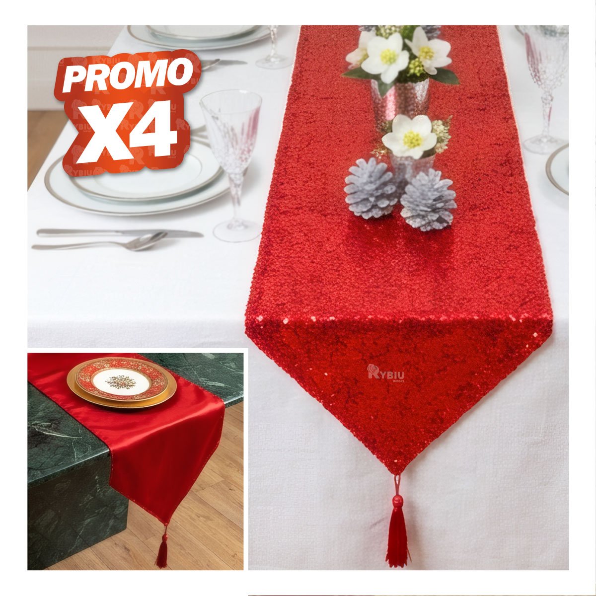 PACK4 CENTRO DE MESA RASO Y CON LENTEJUELAS ROJO 2 EN 1 YPAPEL REGALO - 1
